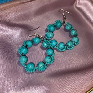 HANDBEADED turquoise hoop earrings